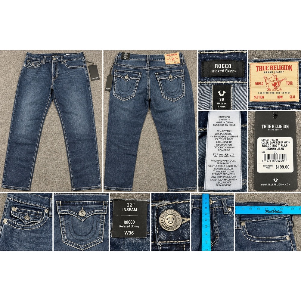 True Religion Rocco Big T Flap Relaxed Skinny Jeans Dark Roper Wash 36x32 NWT